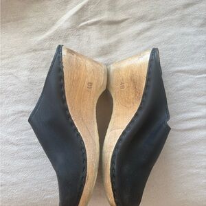 No. 6 Black Leather Mules with Wooden Sole